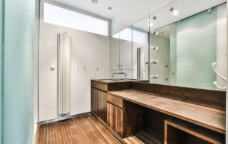 elegant bathroom with decorative window film on shower enclosure