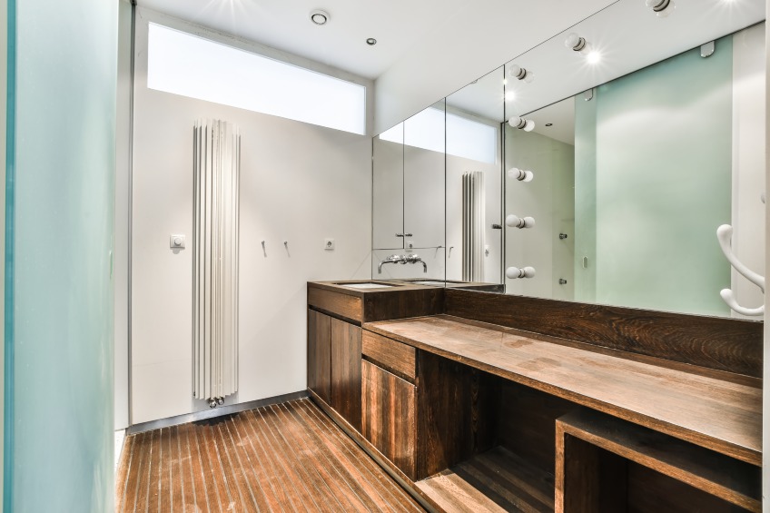 elegant bathroom with decorative window film on shower enclosure